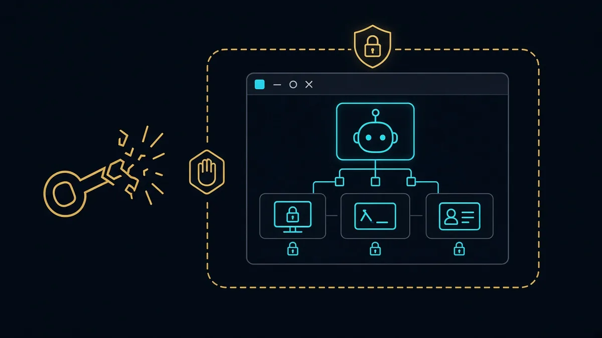 A cyan agent process inside a gold sandbox, with a broken key stopped at the boundary