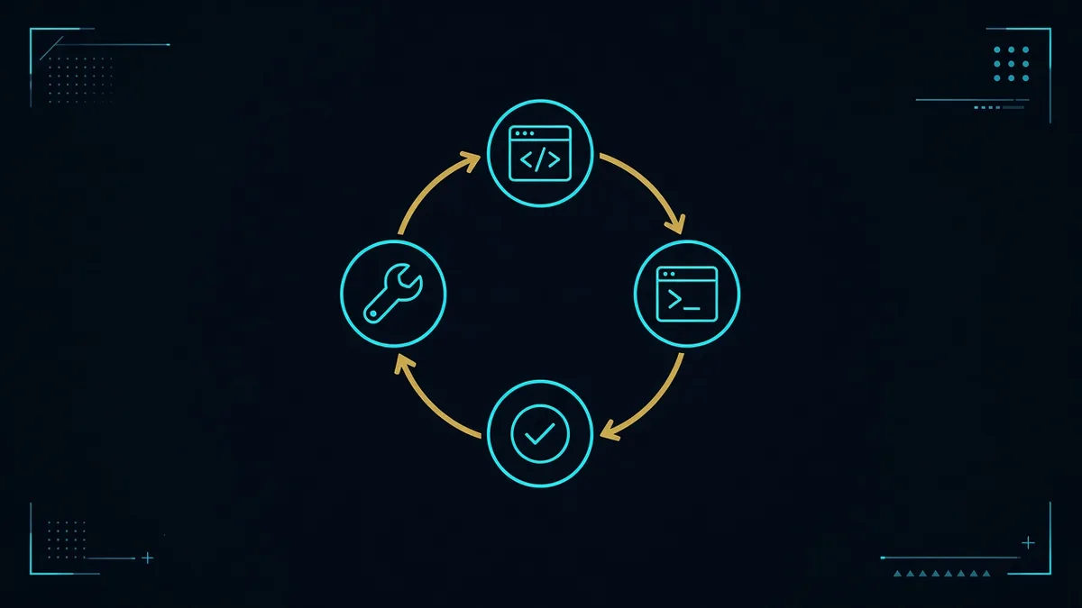 A gold circular loop connecting code, terminal, test, and repair glyphs on a navy background