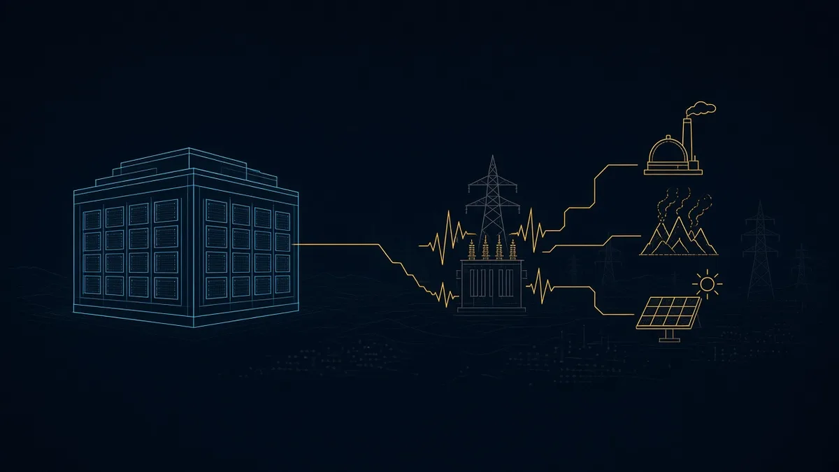 A cyan data-center outline beside gold lines to nuclear, geothermal, and solar symbols