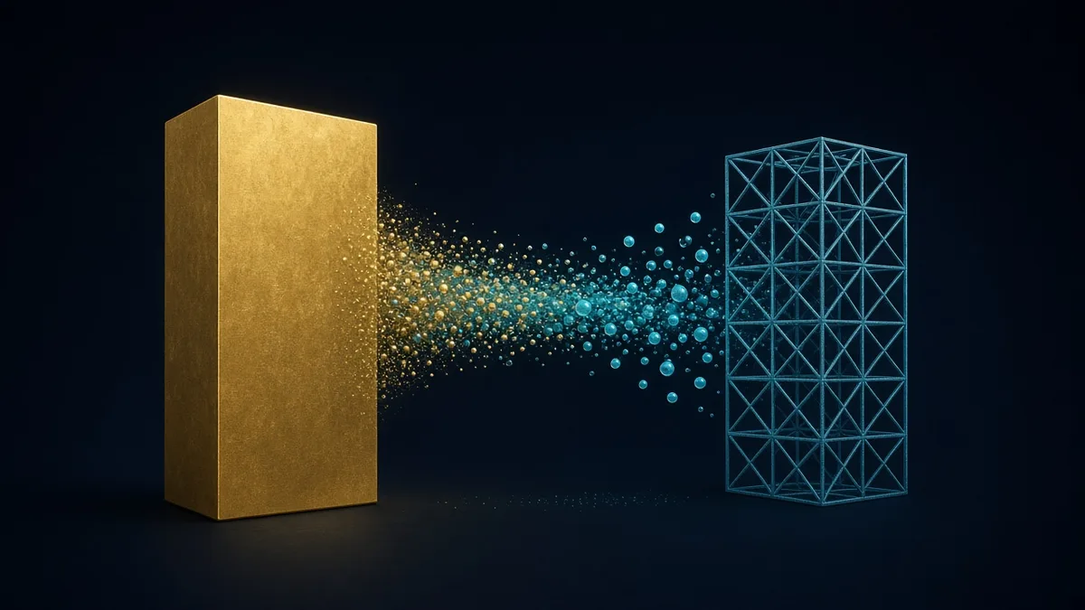 A gold closed model shrinking through cyan droplets into an open lattice of similar height