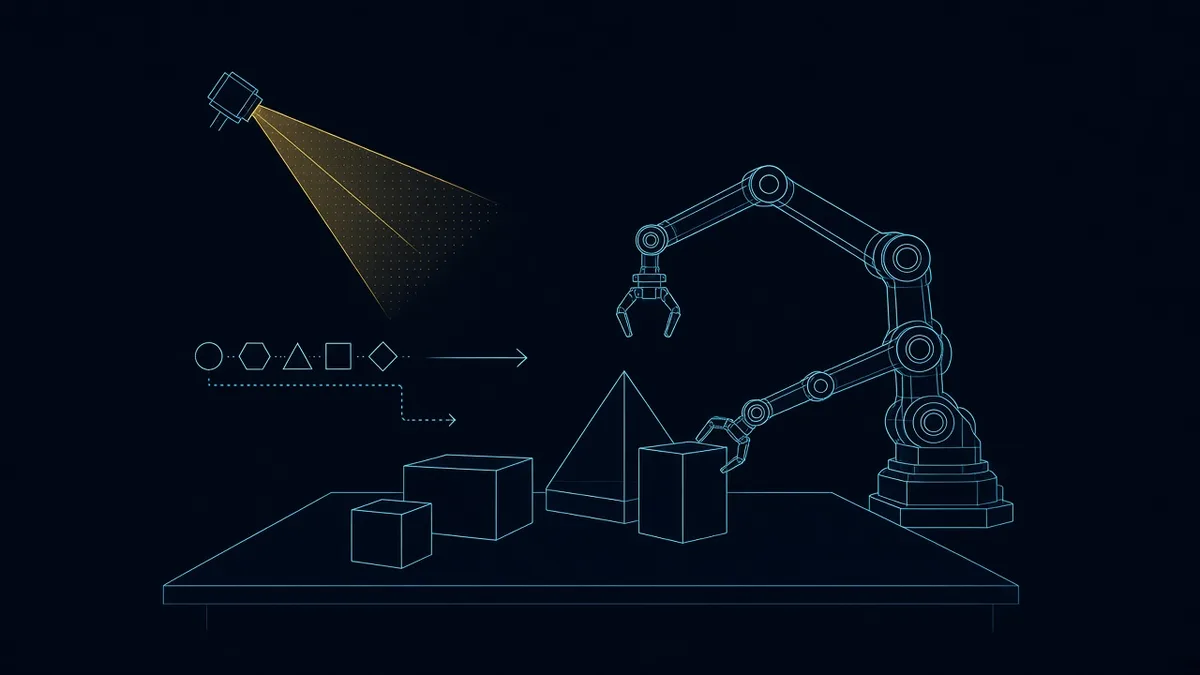 Cyan line drawing of a dual-arm robot with a gold vision cone over geometric blocks