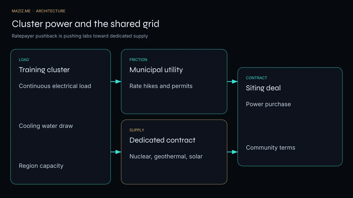 Cluster load meeting municipal friction, with a dedicated nuclear, geothermal, and solar path into a siting contract