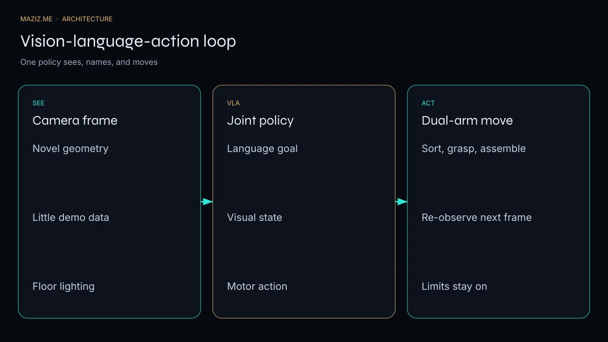 Loop from camera frame through a joint VLA policy to a dual-arm action and back to the next frame